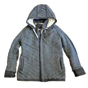 URKU Raw Knit Sheep Wool Hooded Coat Jacket Womans Size Large Grey/Black